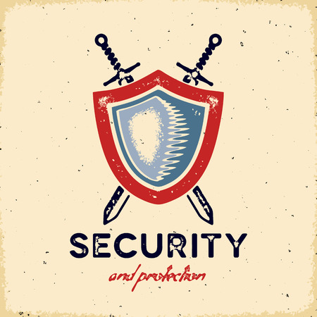 Vintage letterpress styled label with shield and crossed swordsのイラスト素材