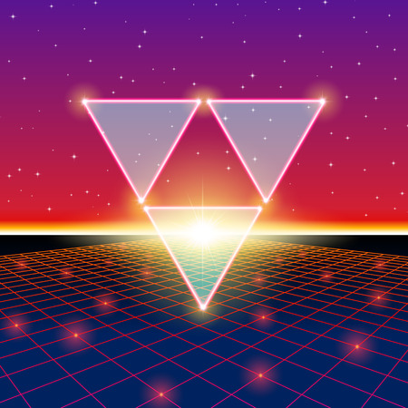 Retro styled futuristic landscape with triforce and shiny gridのイラスト素材