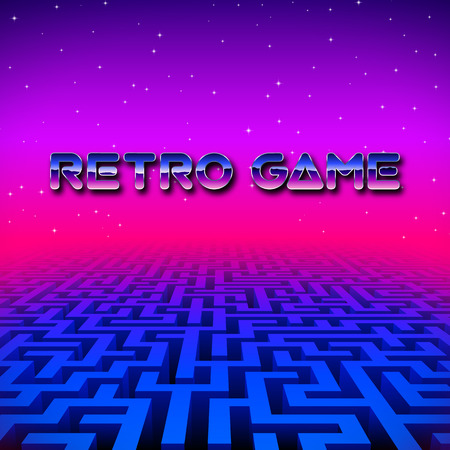 Retro gaming hipster neon landscape with blue labyrinthのイラスト素材