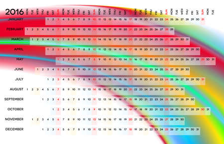 Linear calendar 2016 with days color codingのイラスト素材