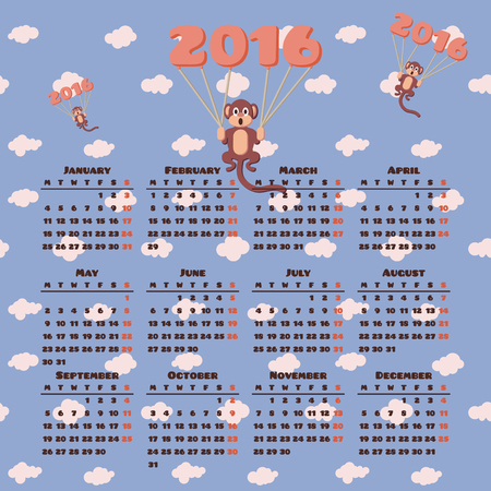 Calendar 2016 with monkey symbol of the yearのイラスト素材