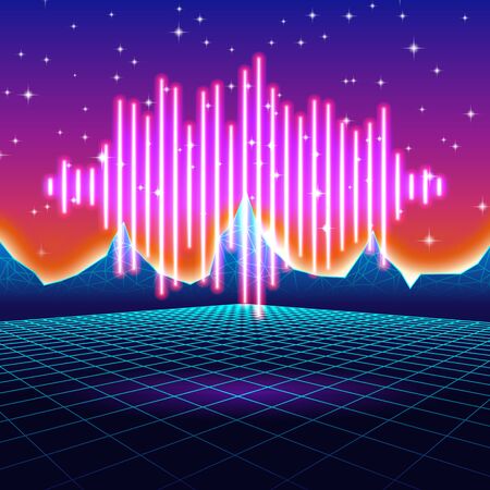 Retro gaming neon background with music waveのイラスト素材