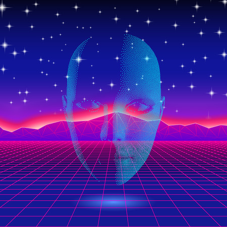 Retro wave shiny head silhouette over neon landscapeのイラスト素材