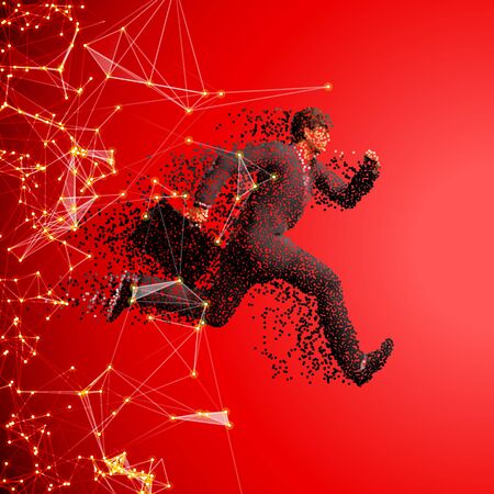 Running businessman figure made of scattered balls. Triangles and dots backgroundのイラスト素材