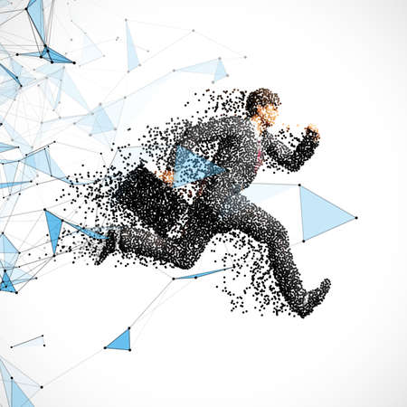 Running businessman figure made of scattered balls. Triangles and dots backgroundのイラスト素材