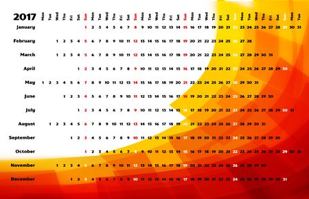 Calendar 2017 with days color coding. Linear calendar gridのイラスト素材
