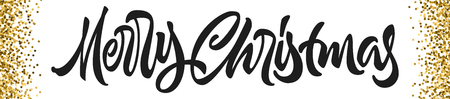 Merry Christmas calligraphic hand drawn lettering banner with golden glitter for winter xmas holidaysのイラスト素材