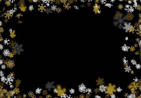Snowfall background with golden snowflakes blurred in perspectiveのイラスト素材