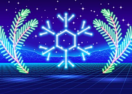 Christmas card with neon snowflake and 80s computer backgroundのイラスト素材