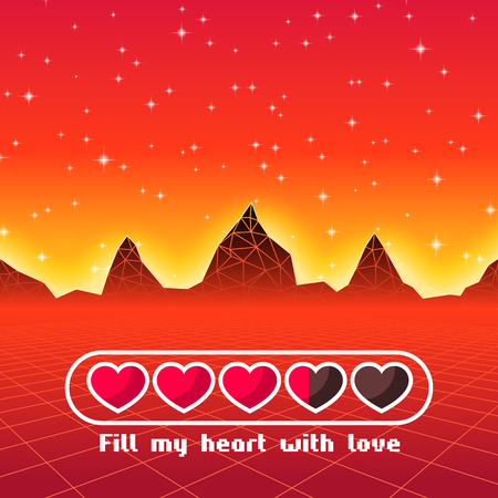 Valentines Day hearts of love themed retro game card with 80s styled neon landscape and life status barのイラスト素材