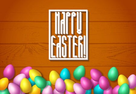 Easter frame with shiny colorful eggs spread over wooden backgroundのイラスト素材