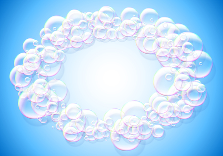 Soap bubbles blue background with rainbow colored airy foam round frameのイラスト素材