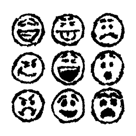 Set of emoji or emoticon icons with grungy drawing style. Smiling, laughing, blinking, angy, scared and shocked signsのイラスト素材