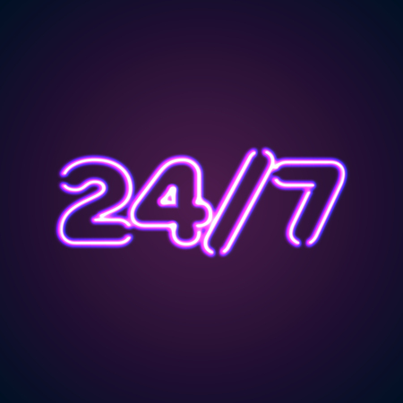 24/7 round hour open neon sign with glowing purple and blue lights