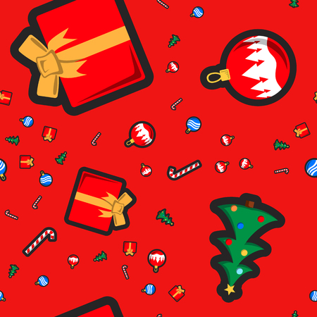 Christmas pattern with holiday toys and symbols in flat cartoon style.のイラスト素材