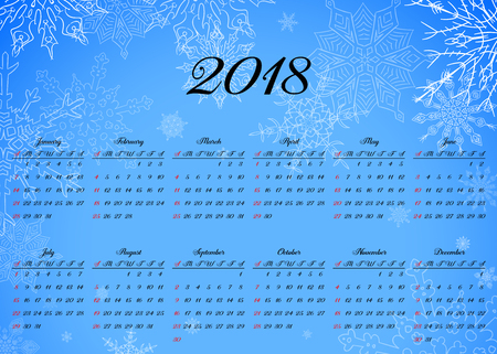 Calendar 2018 horizontal A4 format starts Sunday with snowflakes for Christmasのイラスト素材