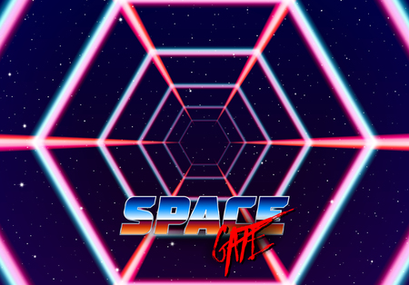 Neon tunnel in space with 80s styled lazer lines for futuristic poster or flyer. Gate with stars and fantastic glowing roadのイラスト素材