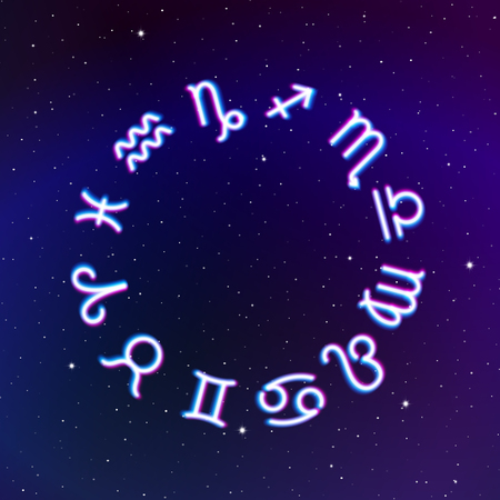 Astrology Zodiac signs wheel with twelve neon symbols in space. Full astrologic year for New Years prognosisのイラスト素材