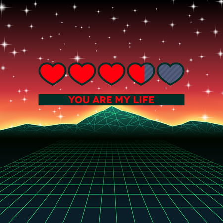 Valentines Day hearts of love themed retro game card with 80s styled neon landscape and life status bar のイラスト素材