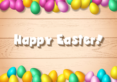 Easter frame with shiny colorful eggs spread over wooden backgroundのイラスト素材