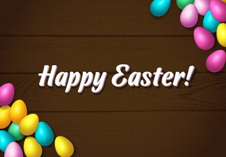 Easter frame with shiny colorful eggs spread over wooden backgroundのイラスト素材