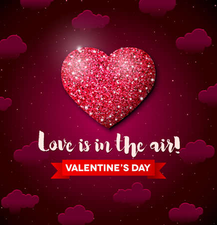 Valentines Day greeting card with glitter heart in the sky with clouds, ribbon and letteringのイラスト素材