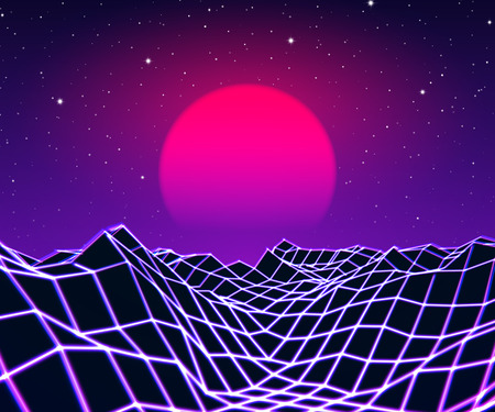 Neon grid landscape and purple sun with old 80s arcade game style for New Retro Wave party poster or 80s revival music album coverのイラスト素材