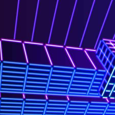 Neon background with ultraviolet glowing grid of 80s styled blue and purple landscape or laser...