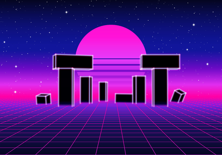 Neon grid landscape with retro wave game style, ancient stone ruins with neon lights and sun for party posters.のイラスト素材