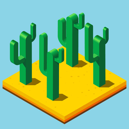Cactus set in desert as isometric icons in natural landscape with flat colorsのイラスト素材