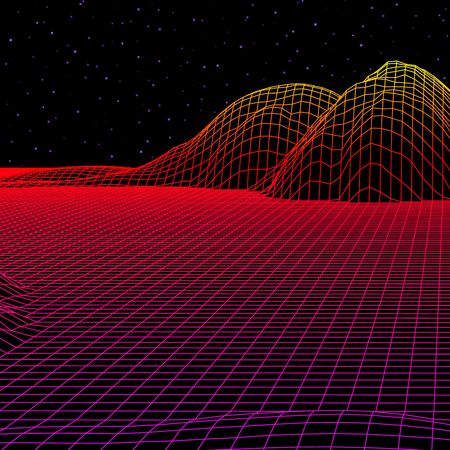 Landscape with wireframe grid of 80s styled retro computer game or science inspired background 3d...