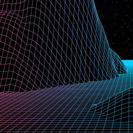 Landscape with wireframe grid of 80s styled retro computer game or science inspired background 3d...