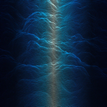 Digital landscape with mountains or clouds made of line grid in futuristic technology or science...