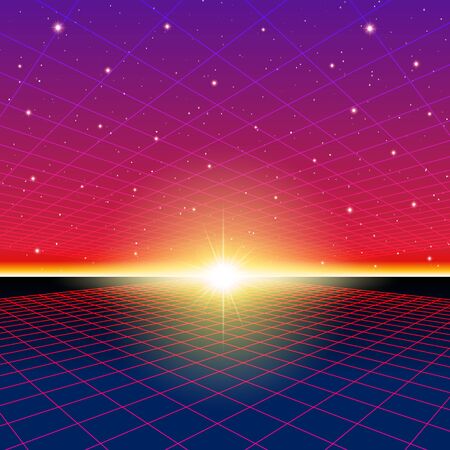 Retro neon background with 80s styled laser grid and stars from vintage arcade computer gamesのイラスト素材