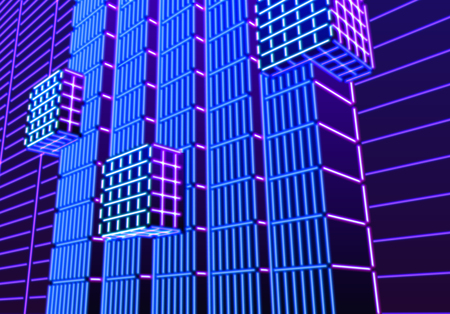 Neon background with ultraviolet glowing grid of 80s styled blue and purple landscape or laser structures in abstract 80s gaming neon graphicsのイラスト素材