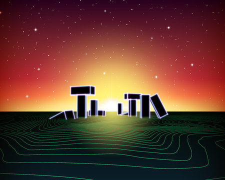 Neon topographic grid landscape with 80s retro wave game style, ancient stone ruins with neon lights and sunset for party postersのイラスト素材