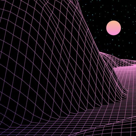 Landscape with wire-frame grid of 80s styled retro computer game or science inspired background. 3d...
