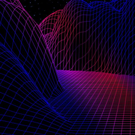 Landscape with wireframe grid of 80s styled retro computer game or science inspired background 3d...