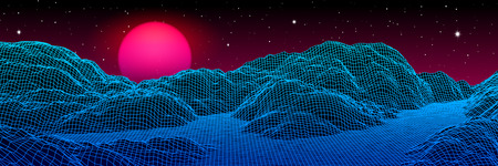 Neon grid landscape and purple sun with old 80s arcade game style for New Retro Wave party banner or 80s revival music album coverのイラスト素材