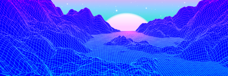 Neon grid landscape and purple sun with old 80s arcade game style for New Retro Wave party poster or...