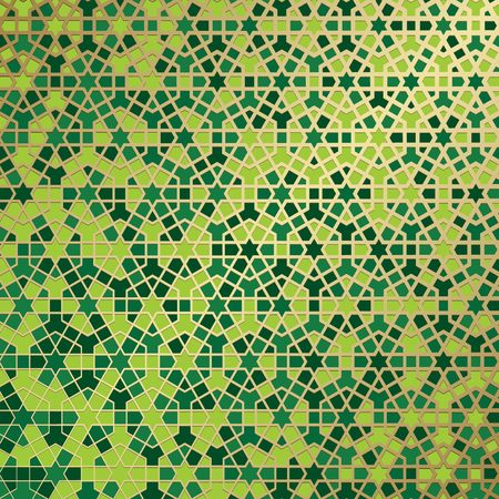 Abstract background with islamic ornament, arabic geometric texture. Golden lined tiled motif over colored background with stained glass style.のイラスト素材