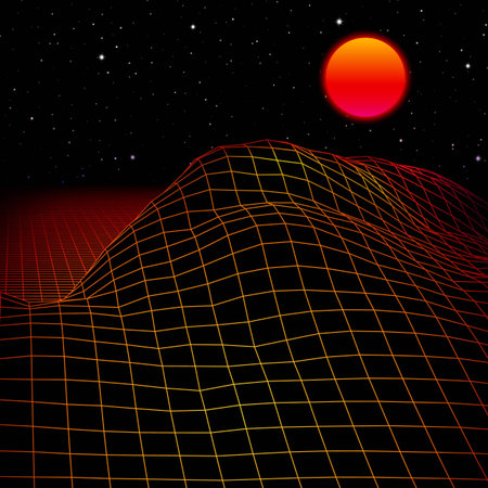 Landscape with wireframe grid of 80s styled retro computer game or science inspired background 3d...