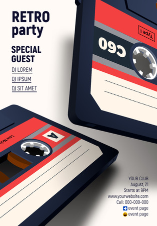 Compact cassette poster with flying old music mix tapes on retro 80s styled party invitationのイラスト素材