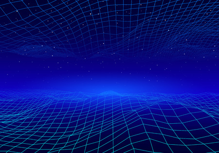 Retro neon background with 80s styled laser grid and stars from vintage arcade computer games