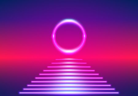 Bright neon lines background with 80s style laser rays as retro sunrise or sundown on the digital sea with sun pathのイラスト素材