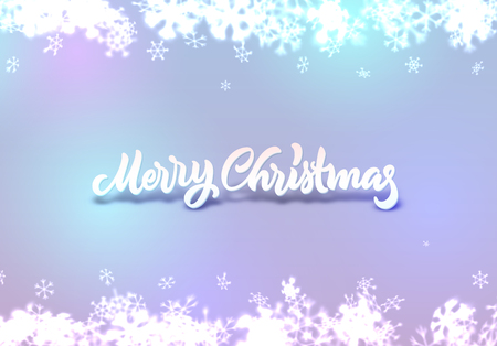 Christmas snowflakes background with falling winter snow made of blurred shiny snowflakes with lettering or calligraphic greeting text and ornament for invitation, xmas card or holiday posterのイラスト素材