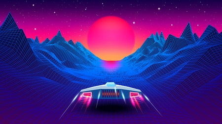 Arcade space ship flying to the sun in blue corridor or canyon landscape with 3D mountains, 80s style synthwave or retrowave illustrationのイラスト素材