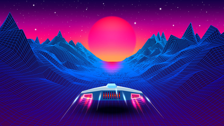 Arcade space ship flying to the sun in blue corridor or canyon landscape with 3D mountains, 80s style synthwave or retrowave illustration