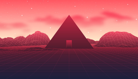 Ancient mysterious pyramid in 80s styled neon landscape with red sky and mountains in retrowave, synthwave style vibrant graphicsのイラスト素材