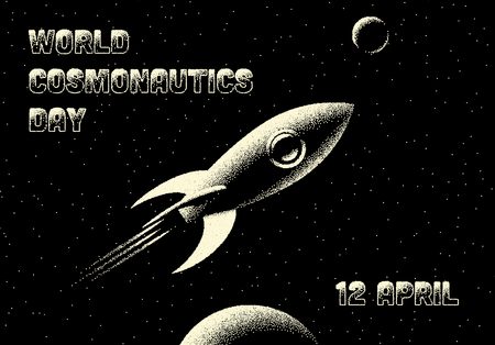 Space landscape with scenic view on planet, rocket and stars made with retro styled dotworkのイラスト素材